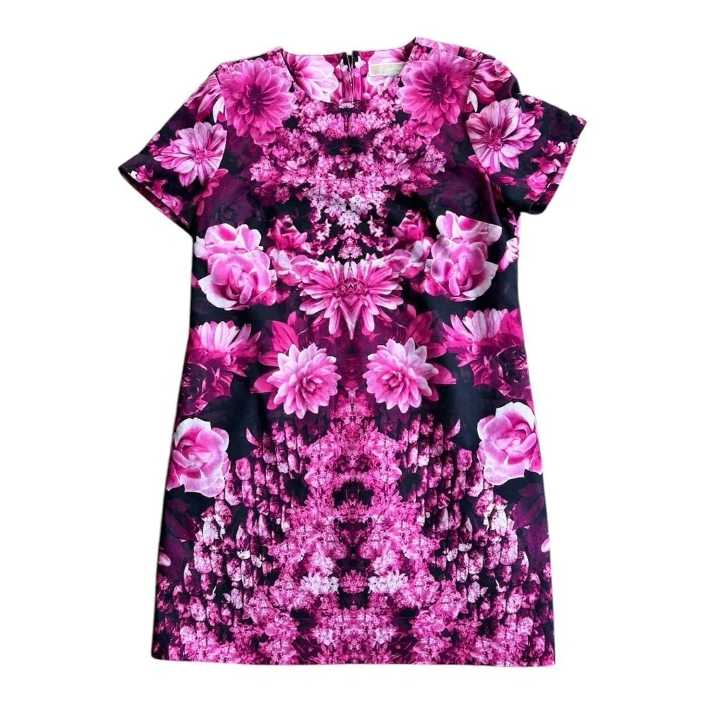 Michael Kors Kew Garden Floral Sheath Dress Short Sleeve Pink Zip Closure Sz 10